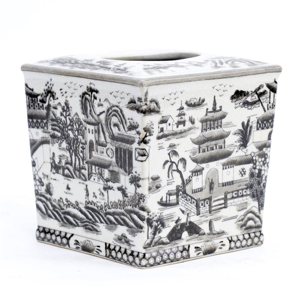 Ormolu Porcelain Tissue Box - Black And White Willow - Gifts for You 'n Me