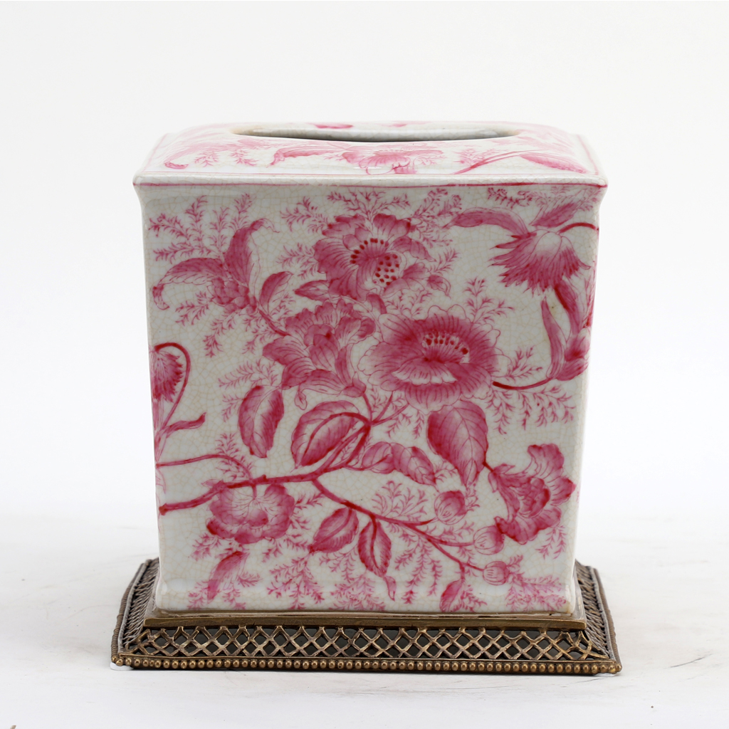 Ormolu Porcelain Tissue Box in Bronze - Pink Primrose