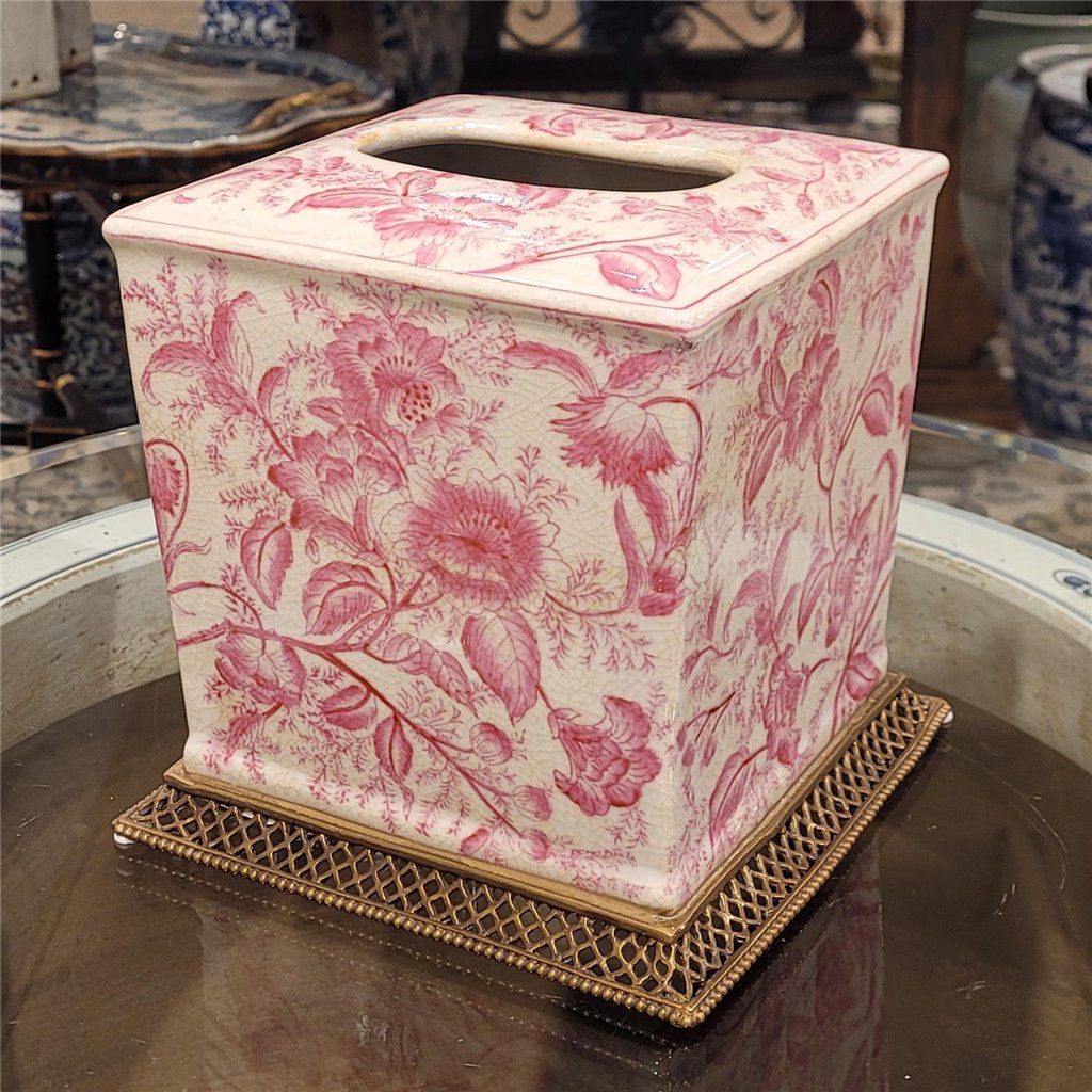 Ormolu Porcelain Tissue Box in Bronze - Pink Primrose
