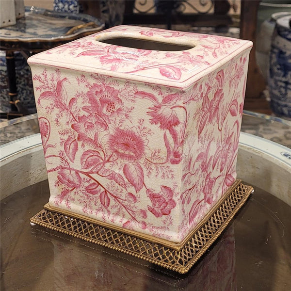 Ormolu Porcelain Tissue Box in Bronze - Pink Primrose - Gifts for You 'n Me