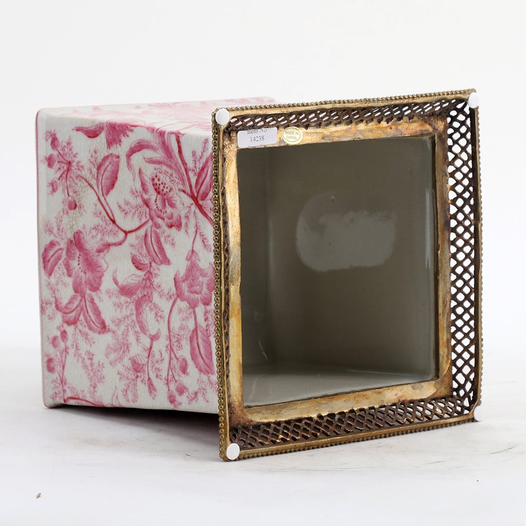 Ormolu Porcelain Tissue Box in Bronze - Pink Primrose