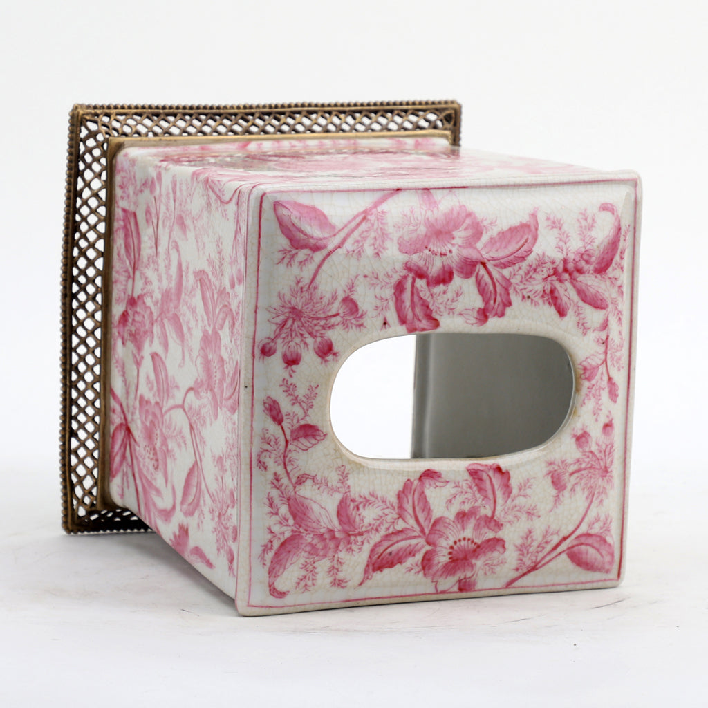 Ormolu Porcelain Tissue Box in Bronze - Pink Primrose