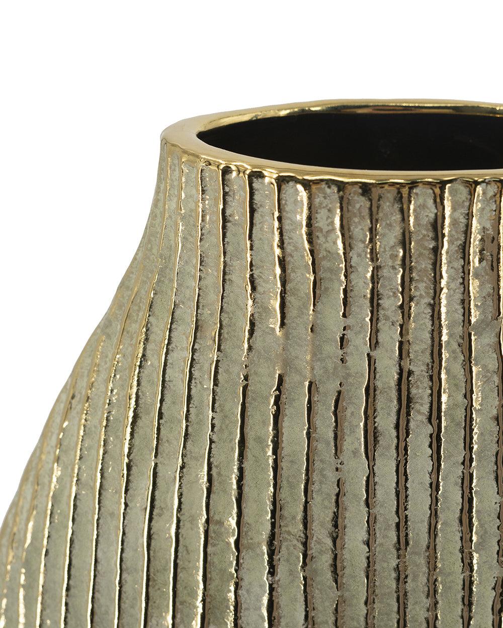 Gold Ribbed Ceramic Floor Vase