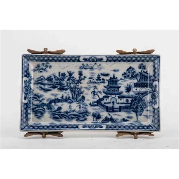 Porcelain Tray With Bronze Dragonfly-Blue Willow - Gifts for You 'n Me