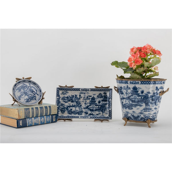 Porcelain Tray With Bronze Dragonfly-Blue Willow