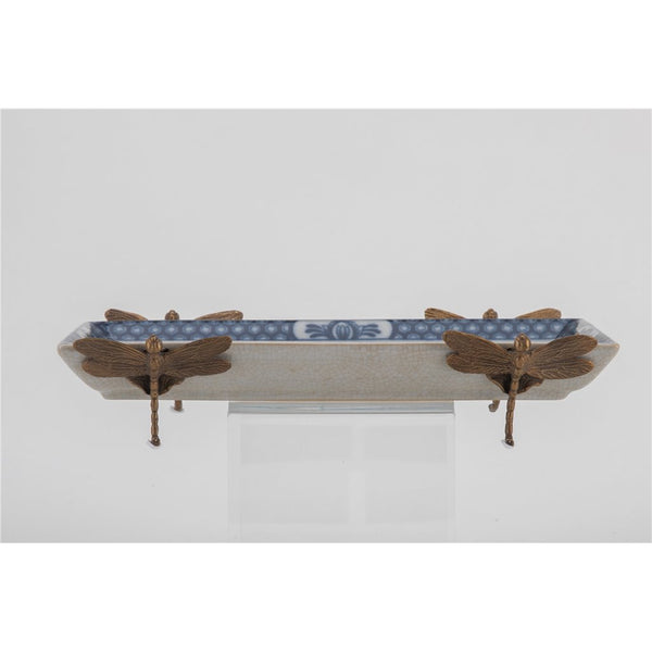 Porcelain Tray With Bronze Dragonfly-Blue Willow