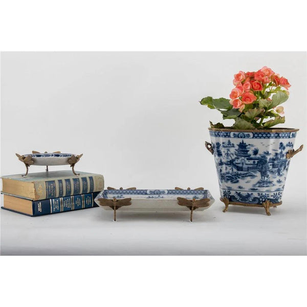 Porcelain Tray With Bronze Dragonfly-Blue Willow - Gifts for You 'n Me