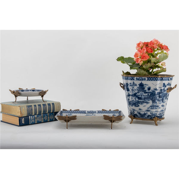 Porcelain Tray With Bronze Dragonfly-Blue Willow