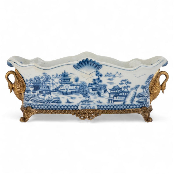 PORCELAIN ELONGATED PLANTER WITH SWAN BRONZE ORMOLU - BLUE WILLOW