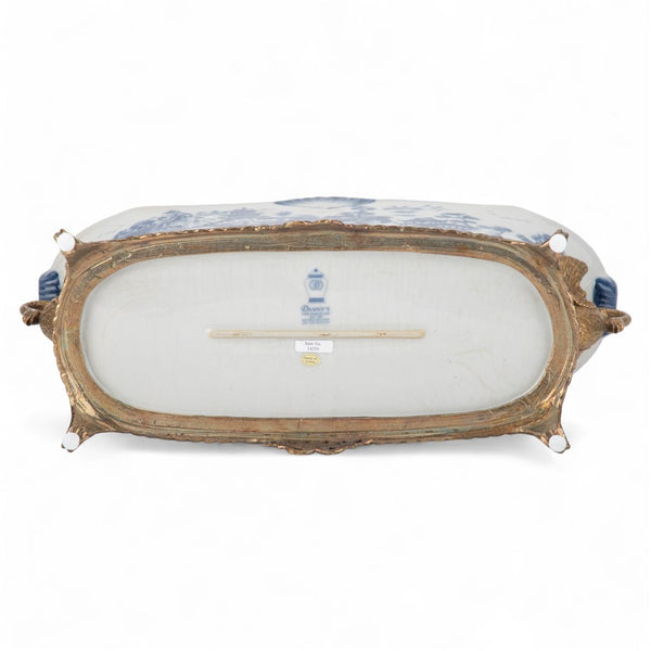 PORCELAIN ELONGATED PLANTER WITH SWAN BRONZE ORMOLU - BLUE WILLOW