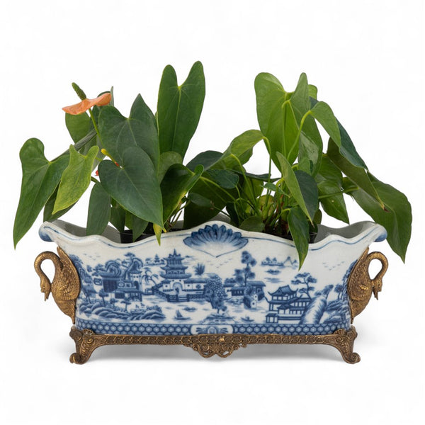 PORCELAIN ELONGATED PLANTER WITH SWAN BRONZE ORMOLU - BLUE WILLOW