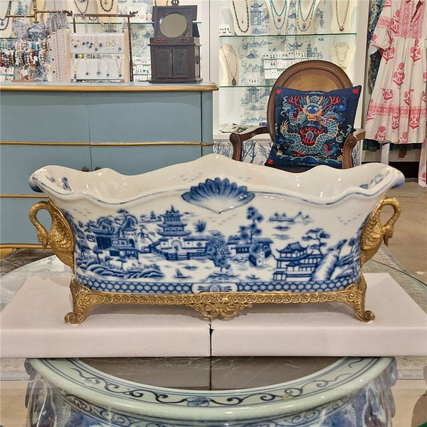 PORCELAIN ELONGATED PLANTER WITH SWAN BRONZE ORMOLU - BLUE WILLOW