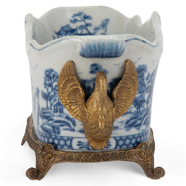 PORCELAIN ELONGATED PLANTER WITH SWAN BRONZE ORMOLU - BLUE WILLOW