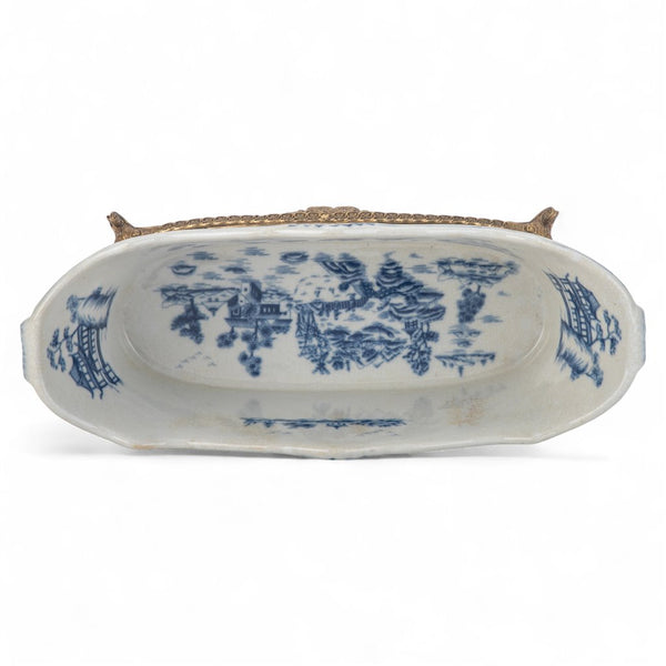 PORCELAIN ELONGATED PLANTER WITH SWAN BRONZE ORMOLU - BLUE WILLOW
