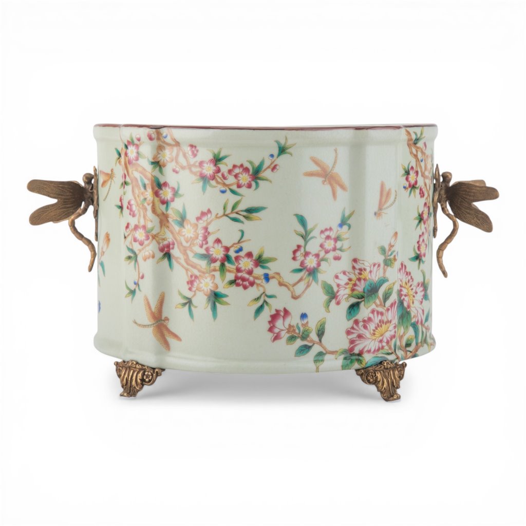 Porcelain Oval Planter with Ormolu Dragonfly Handles - Floral Vine