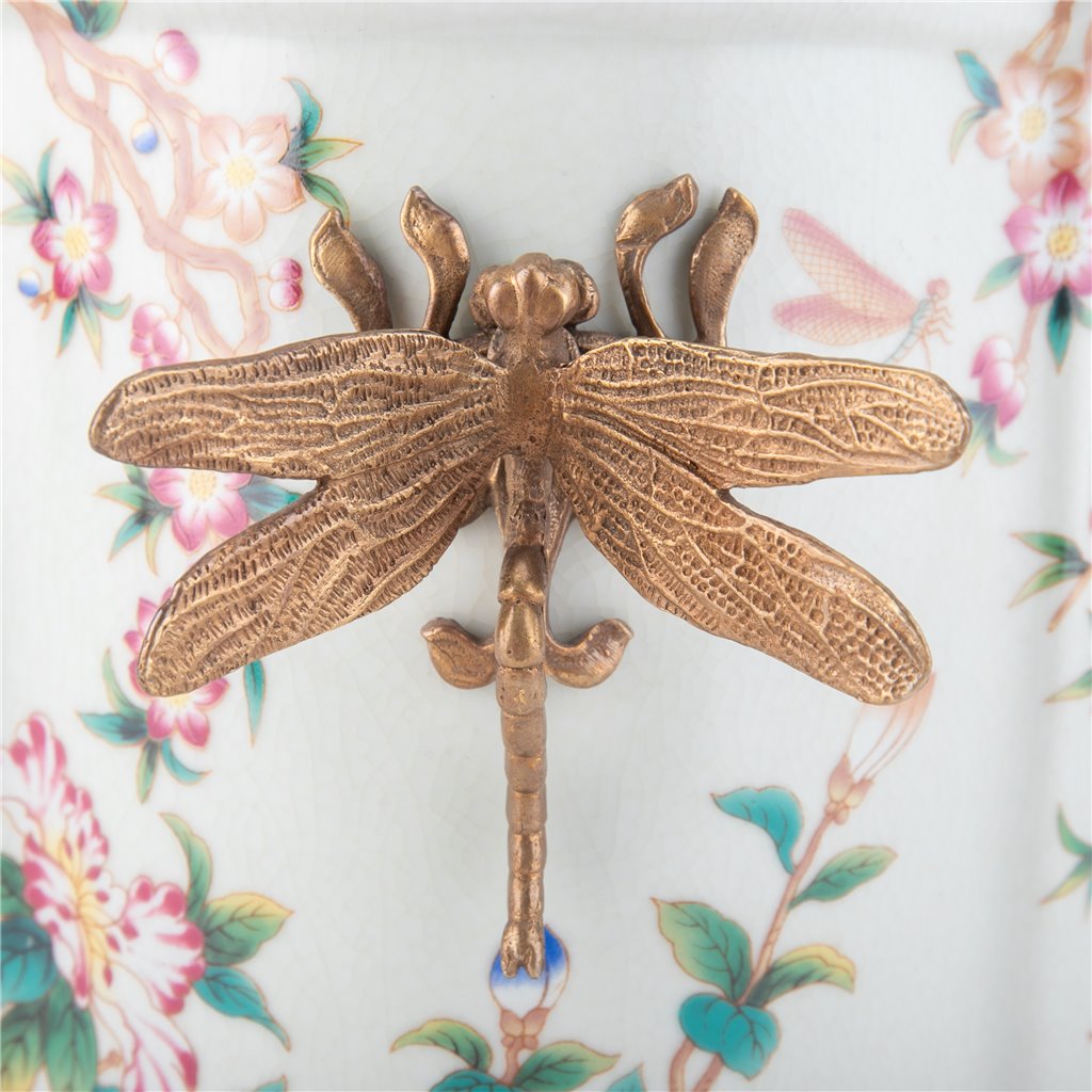 Porcelain Oval Planter with Ormolu Dragonfly Handles - Floral Vine