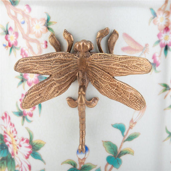 Porcelain Oval Planter with Ormolu Dragonfly Handles - Floral Vine
