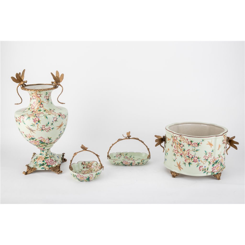Porcelain Oval Planter with Ormolu Dragonfly Handles - Floral Vine