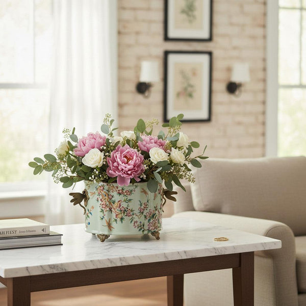 Porcelain Oval Planter with Ormolu Dragonfly Handles - Floral Vine
