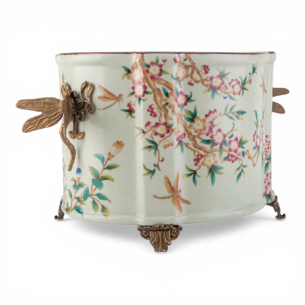 Porcelain Oval Planter with Ormolu Dragonfly Handles - Floral Vine
