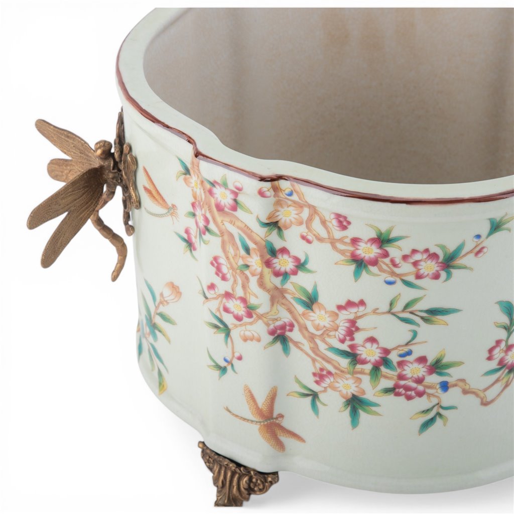 Porcelain Oval Planter with Ormolu Dragonfly Handles - Floral Vine