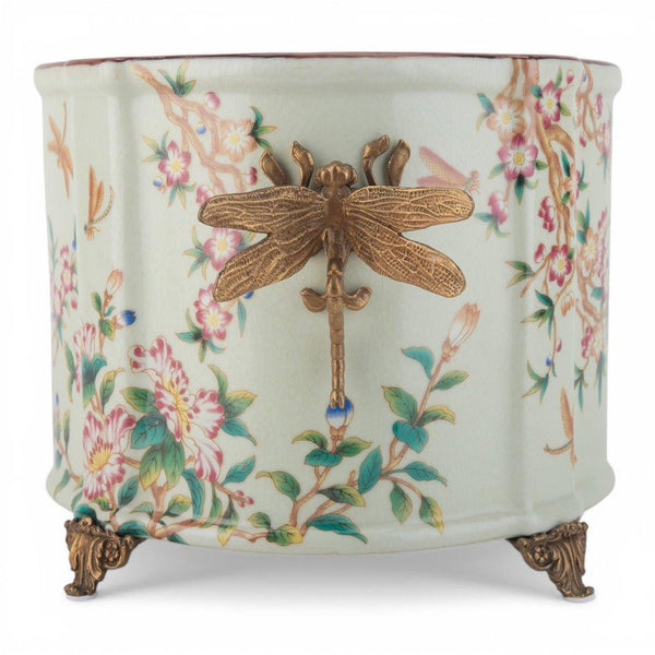 Porcelain Oval Planter with Ormolu Dragonfly Handles - Floral Vine