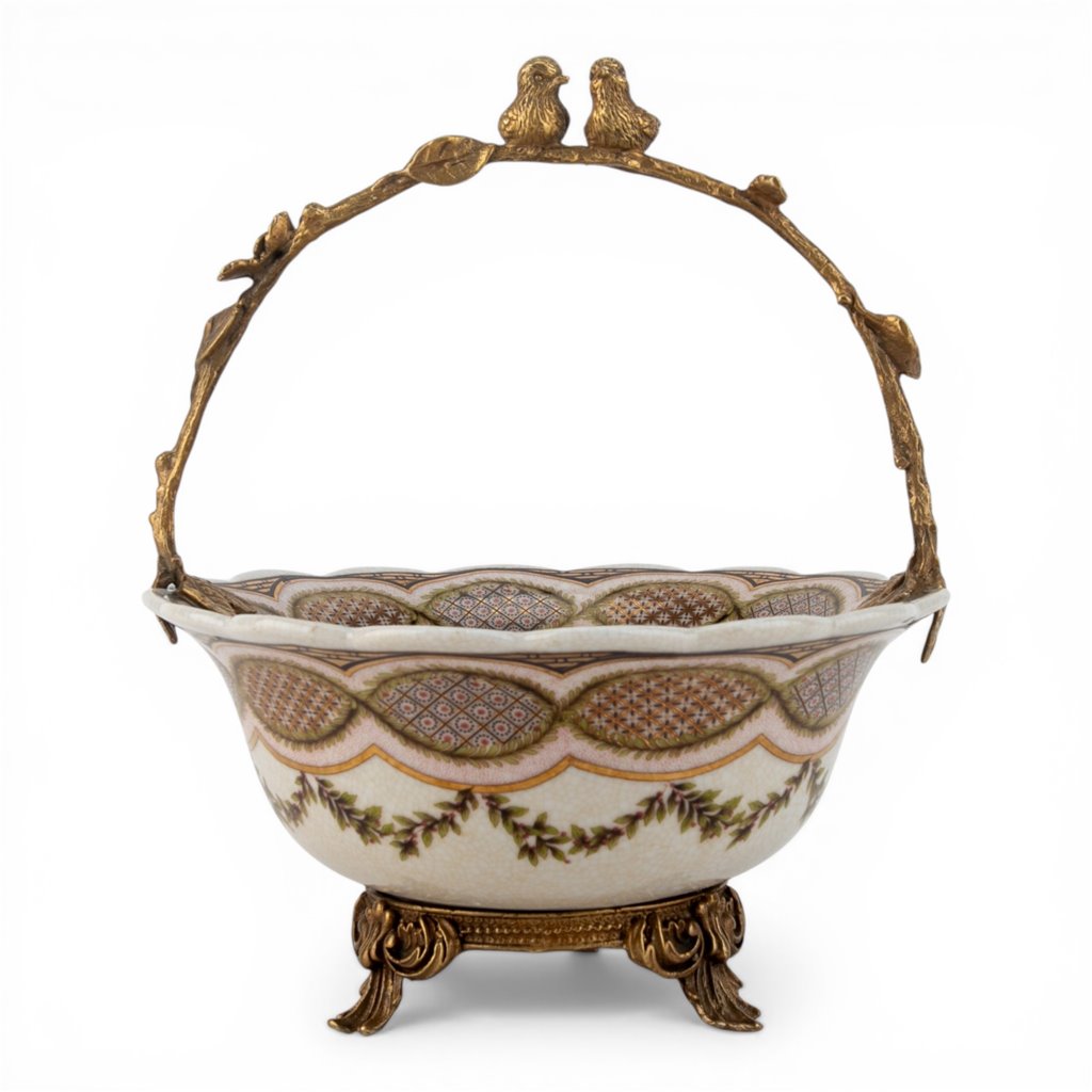 Porcelain Basket with Ormolu Handle - Lattice Floral