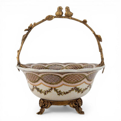 Porcelain Basket with Ormolu Handle - Lattice Floral
