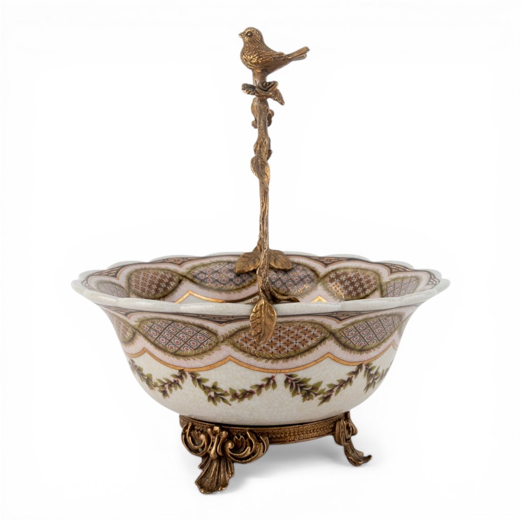 Porcelain Basket with Ormolu Handle - Lattice Floral