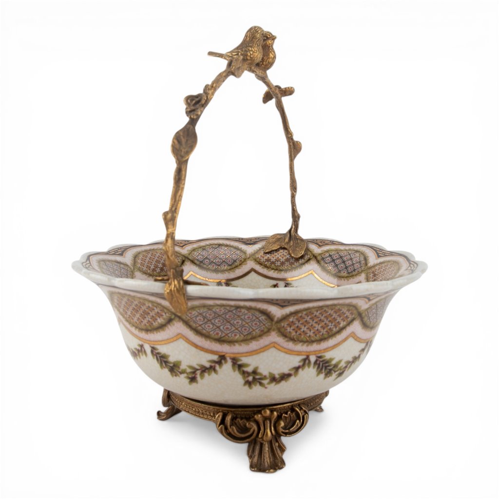 Porcelain Basket with Ormolu Handle - Lattice Floral