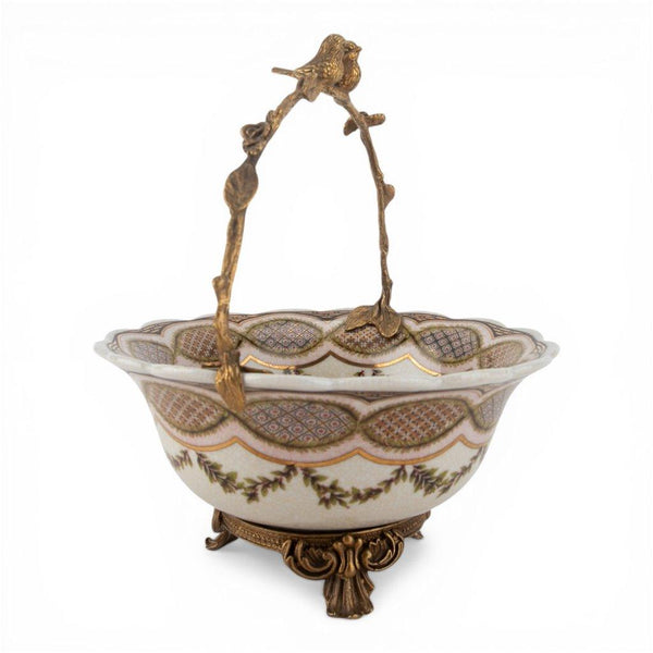 Porcelain Basket with Ormolu Handle - Lattice Floral