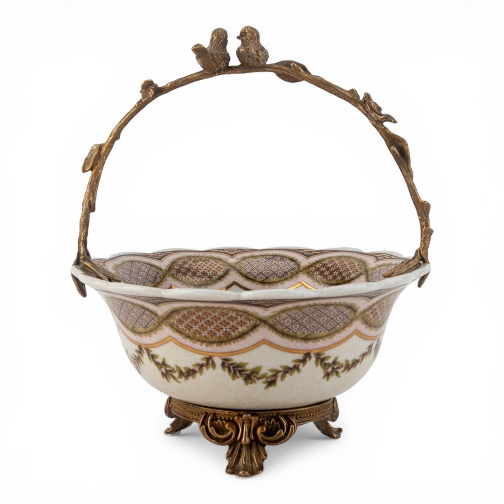 Porcelain Basket with Ormolu Handle - Lattice Floral