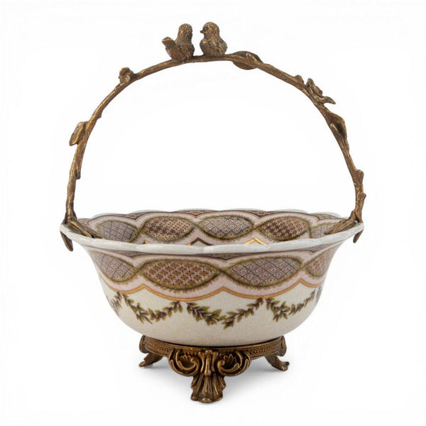 Porcelain Basket with Ormolu Handle - Lattice Floral