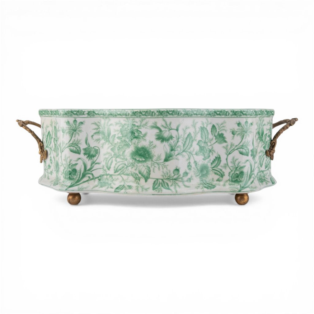 Porcelain Oval Basin with Ormolu Handles - Green Primrose