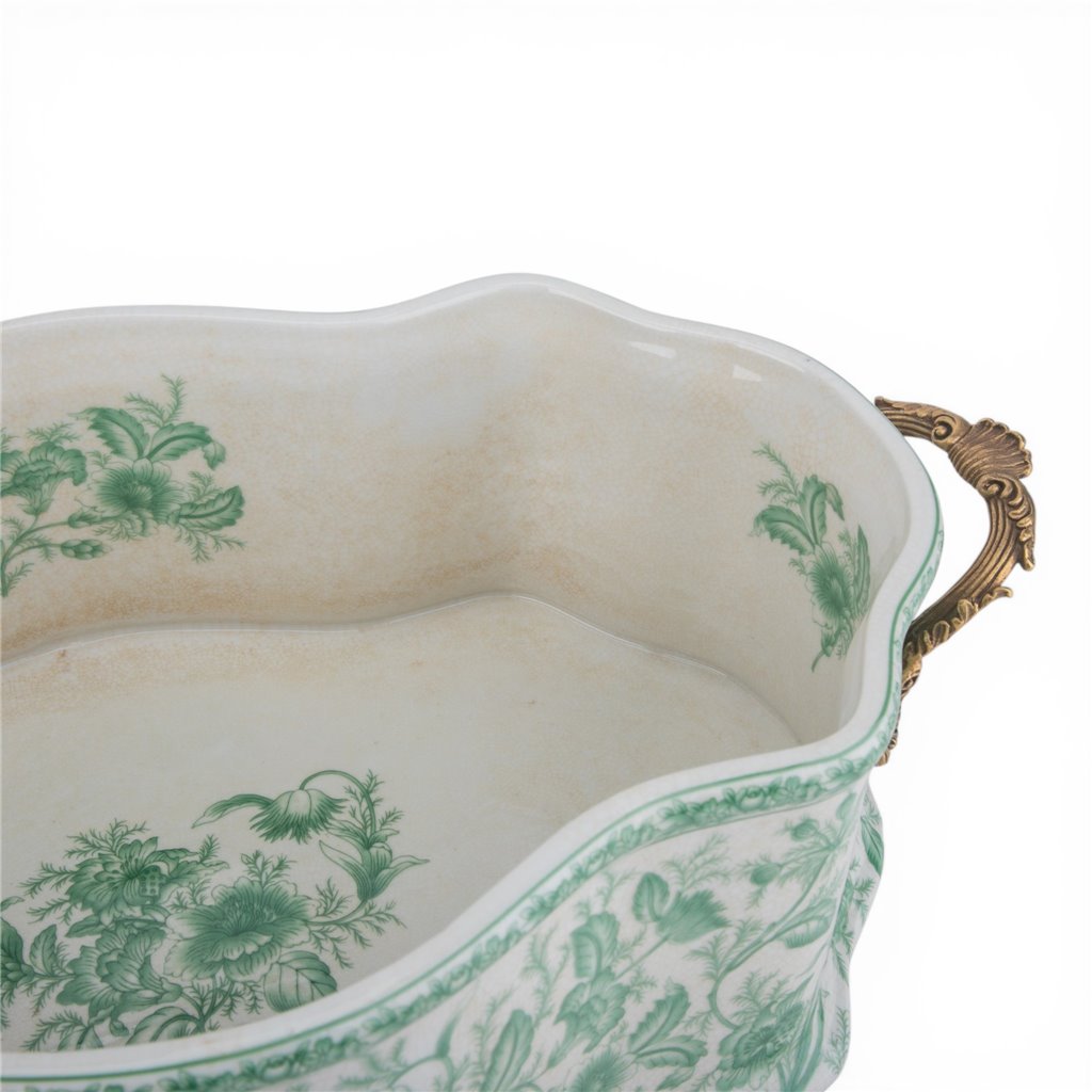 Porcelain Oval Basin with Ormolu Handles - Green Primrose