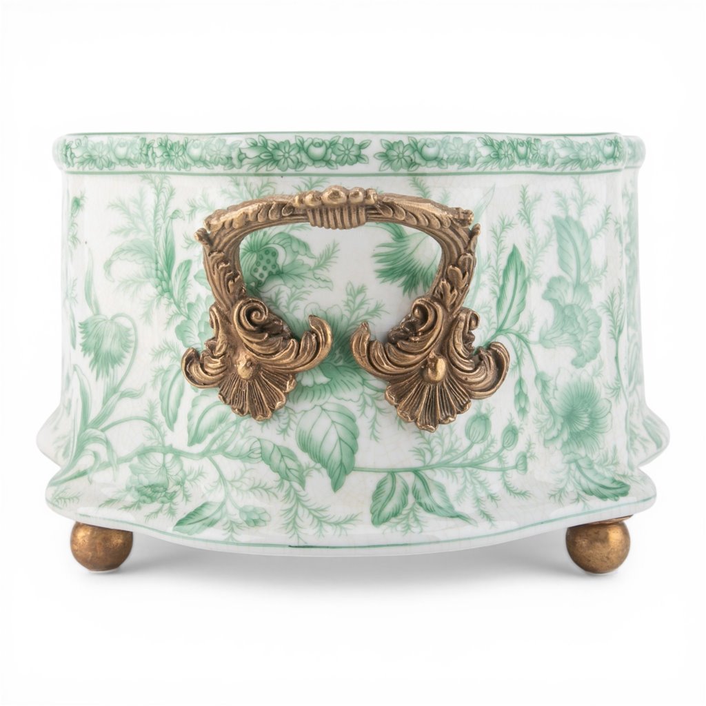 Porcelain Oval Basin with Ormolu Handles - Green Primrose