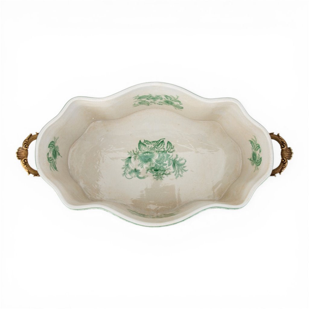 Porcelain Oval Basin with Ormolu Handles - Green Primrose