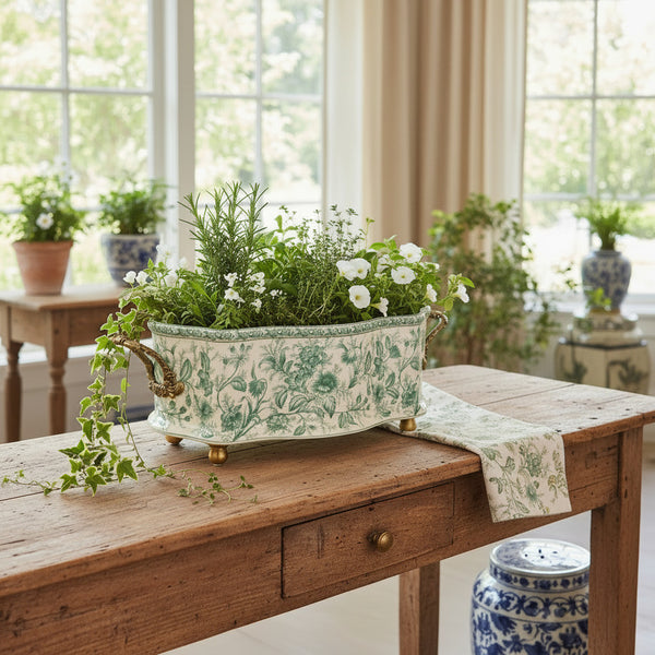 Porcelain Oval Basin with Ormolu Handles - Green Primrose