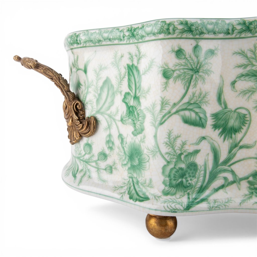 Porcelain Oval Basin with Ormolu Handles - Green Primrose
