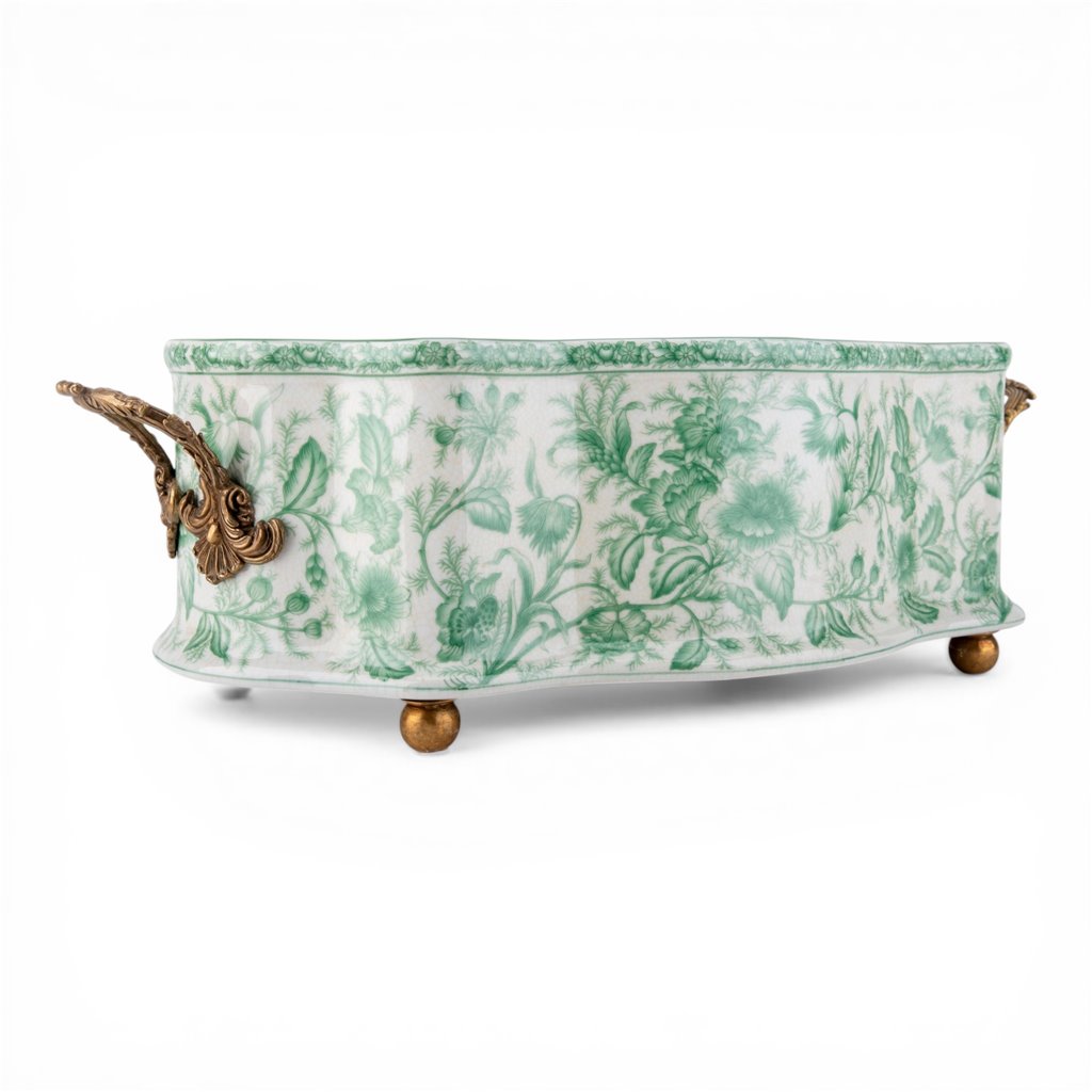 Porcelain Oval Basin with Ormolu Handles - Green Primrose