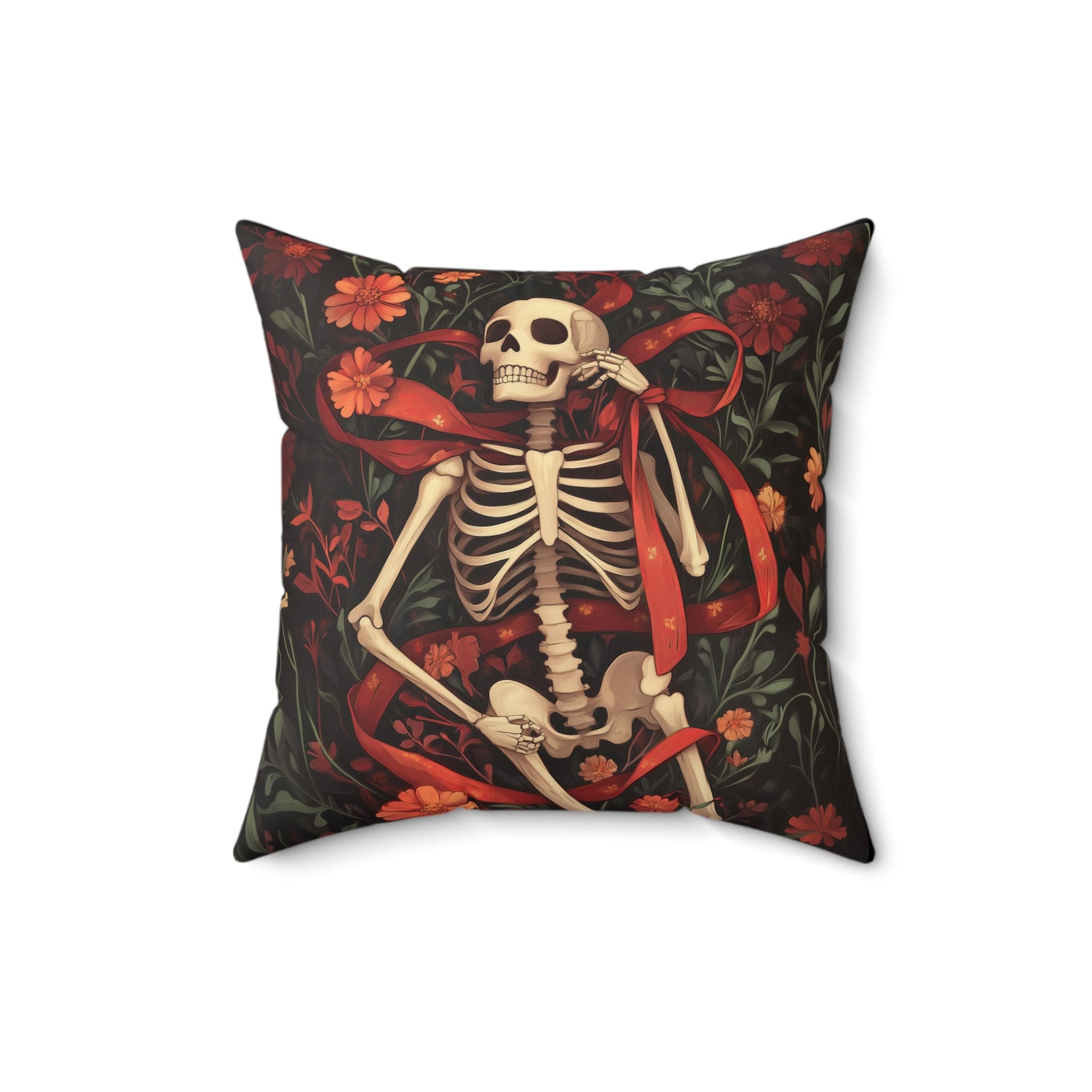Microsuede Cushion / Halloween Art / Skeleton - Red Ribbon, Orange Flowers