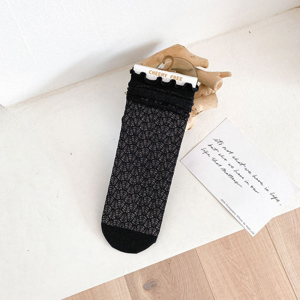 1 pair of socks for women summer thin black middle tube socks Japanese lace ballet style socks mesh breathable pile socks - Gifts for You 'n Me