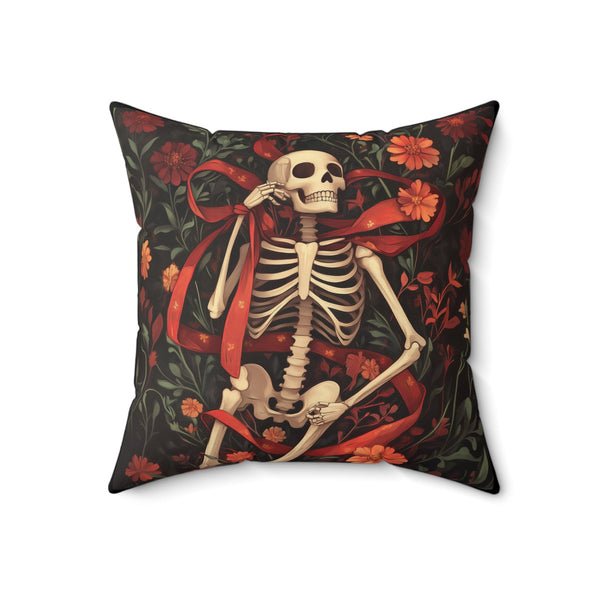 Microsuede Cushion / Halloween Art / Skeleton - Red Ribbon, Orange Flowers