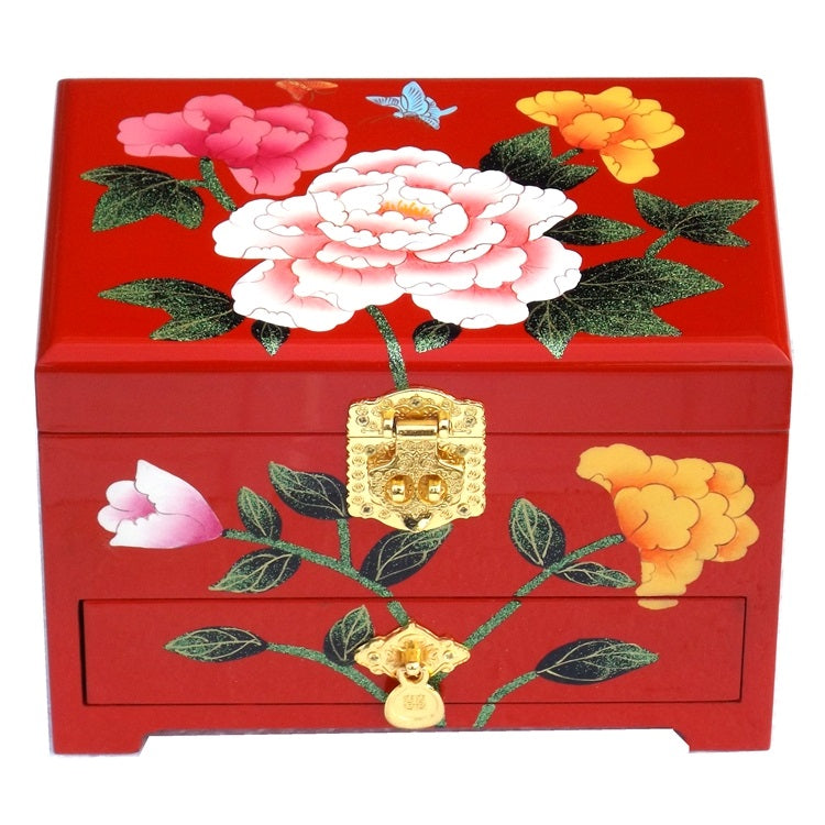 Push‑Top Lacquer Jewelry Box – Red & Black Dowry‑Style Wood Chest