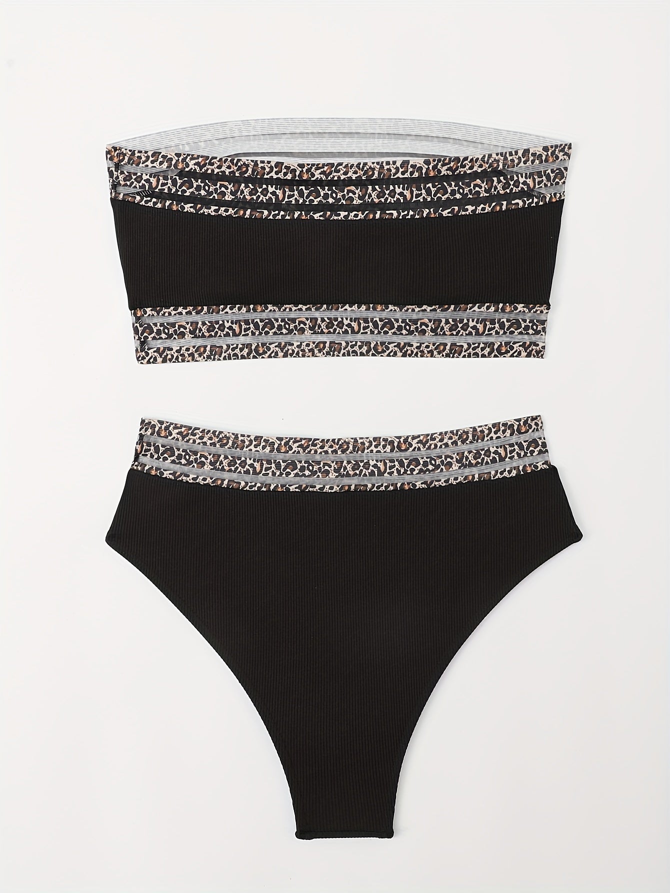 Bikini Leopard Print High Waist Bandeau 2 Piece Swimsuit for Women – Super Stretchy Bikini Set with Seductive Mesh Detail and Flattering Fit – Chic Animal Print Swimwear for Beachwear Poolside and Summer Vacations