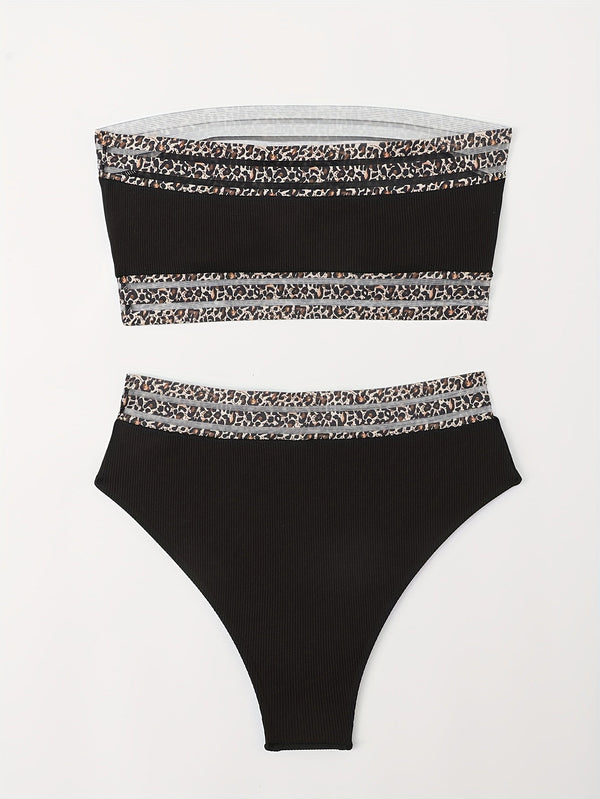 Bikini Leopard Print High Waist Bandeau 2 Piece Swimsuit for Women – Super Stretchy Bikini Set with Seductive Mesh Detail and Flattering Fit – Chic Animal Print Swimwear for Beachwear Poolside and Summer Vacations