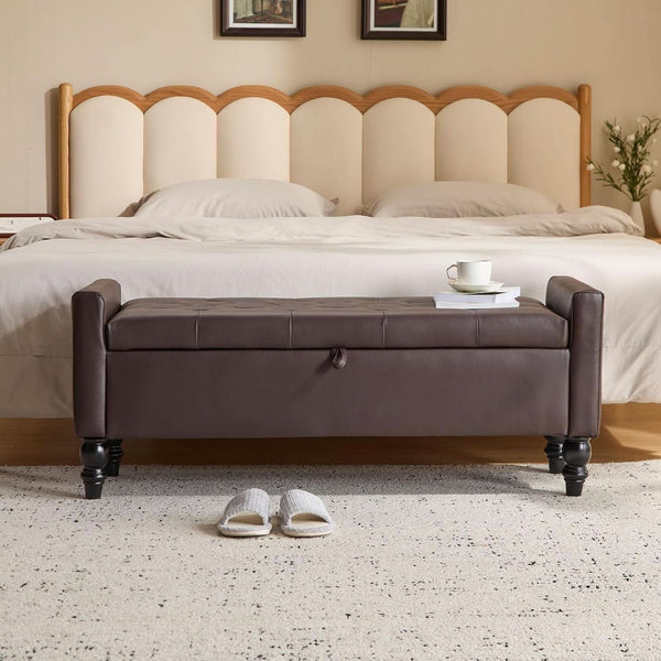 Brown Genuine Leather Storage Ottoman Bench Bedside