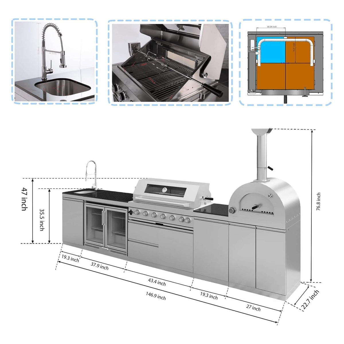 147-Inch 6-Burner 120K BTU Outdoor Kitchen Island With Pizza Oven, Rotisserie & Refrigerator (SAK96429)