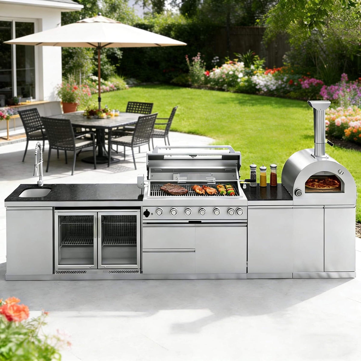 147-Inch 6-Burner 120K BTU Outdoor Kitchen Island With Pizza Oven, Rotisserie & Refrigerator (SAK96429)