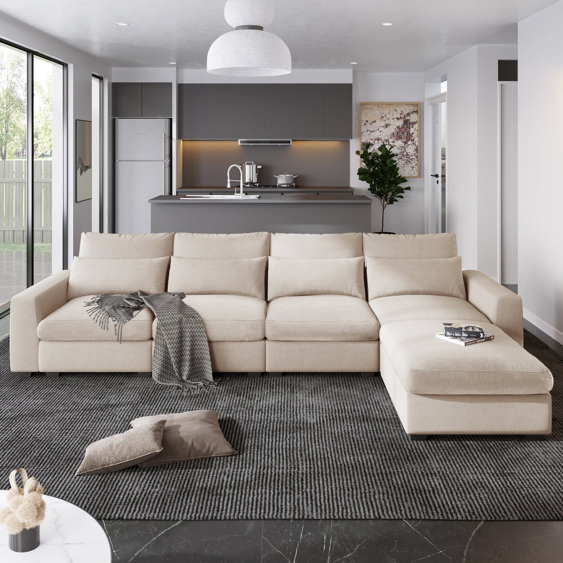Modern Large L-Shape Feather Filled Sectional Sofa,  Convertible Sofa Couch with Reversible Chaise for Living Room